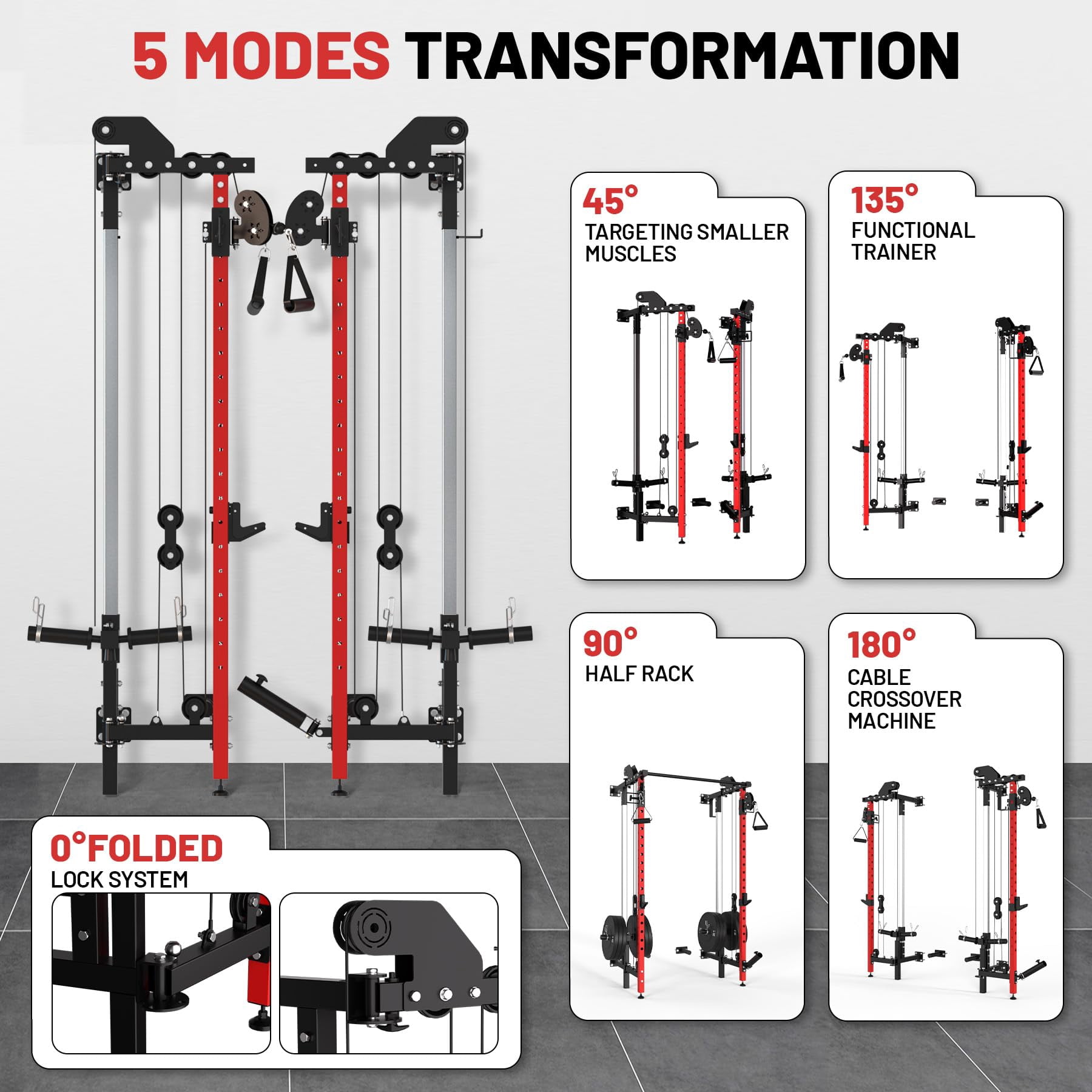 COZONY Folding Wall Mounted Squat Rack with Dual Pulley System & Pull Up Bar, Multi-Function Power Cage for Home Gym,Red