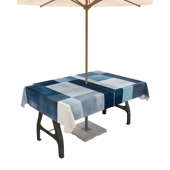 Boanket Outdoor Tablecloth with Umbrella Hole for Patio/Picnic/Party/Camping, Gray Blue Waterproof Table Cloth Rectangle Table Cover Washable, Modern Square Graffiti Painting Art Abstract (52"x 70")