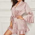 thumbnail image 4 of Kilaqueen Women's Satin Robe Valentines Lingerie Ruffle Hem Kimono Bathrobe Silk Belted Short Robes Lightweight Sexy Bridesmaids Sleepwear, 4 of 4