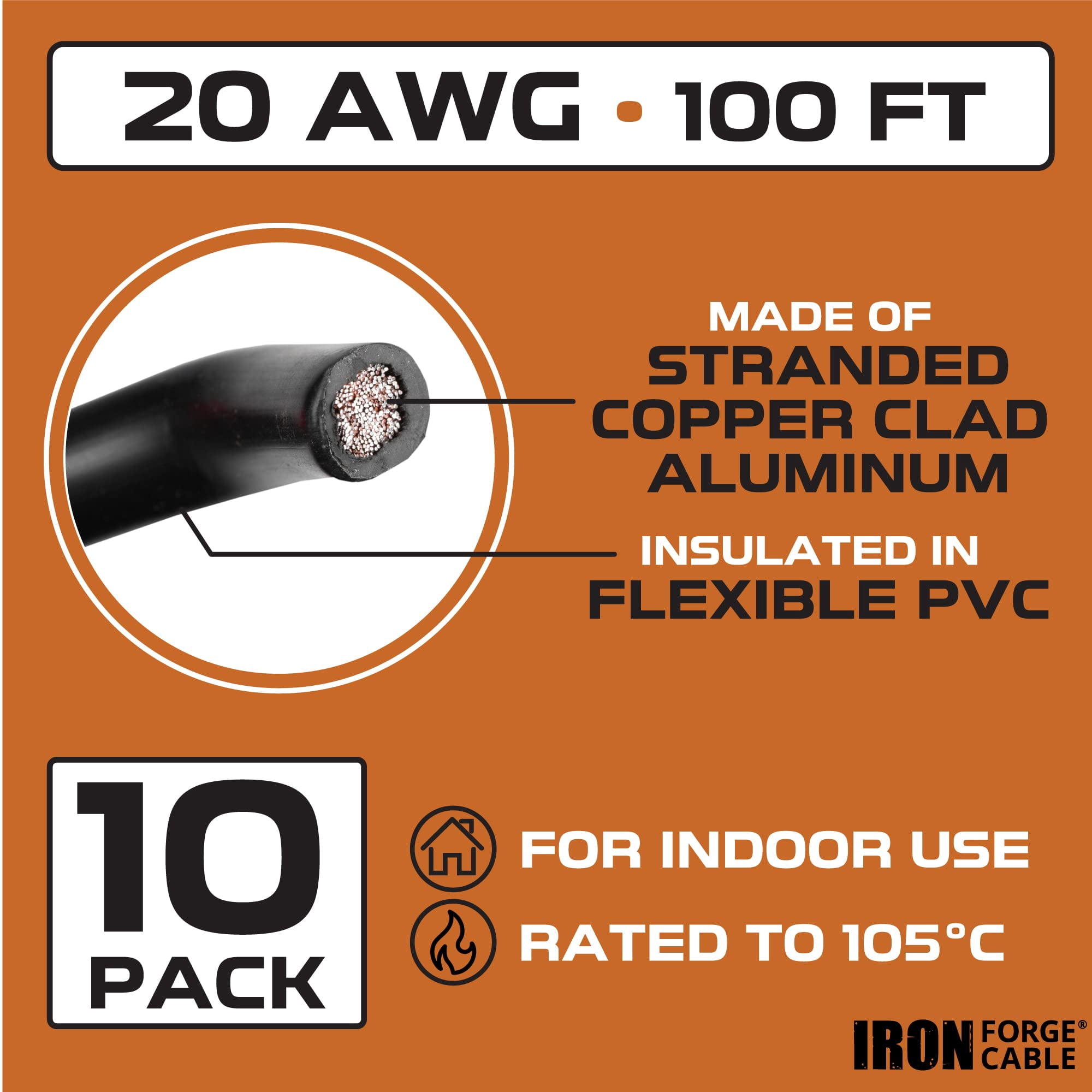 Iron Forge Cable 20 Gauge Wire - 100ft Copper Clad Aluminum Primary Wire per Roll - 20 AWG Heavy Duty Cables for Speakers - 10 Roll Assortment Pack