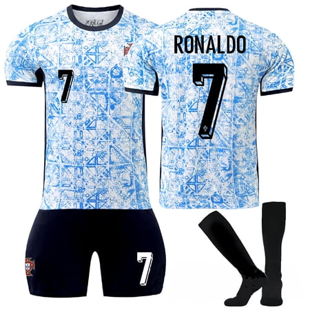 Youths 2024 Portugal Away #7 Ronaldo Jersey Soccer Kids Soccer Set Blue and White 7-8Y/22