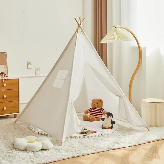 KOPPOP Kids Teepee Play Tent - Natural Cotton Canvas Foldable Indoor/Outdoor Playhouse for Toddlers Ages 2-6 (White, Boys & Girls).