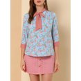 thumbnail image 5 of Allegra K Women's Bow Tie Neck Contrast Trim 3/4 Sleeve Floral Blouse, 5 of 6