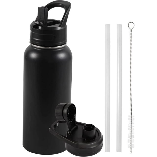 Insulated Water Bottle, 32oz Vacuum Stainless Steel Metal Sports Water Bottles with Stickers, Straw & Spout Lid (2 Lids), Double Walled to Keeps Hot and Cold, Leak Proof, BPA-Free, 32oz (Black)