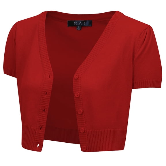 YEMAK Women's Short Sleeve Cropped Bolero Button Down Cardigan Sweater HB2137-RED-2X