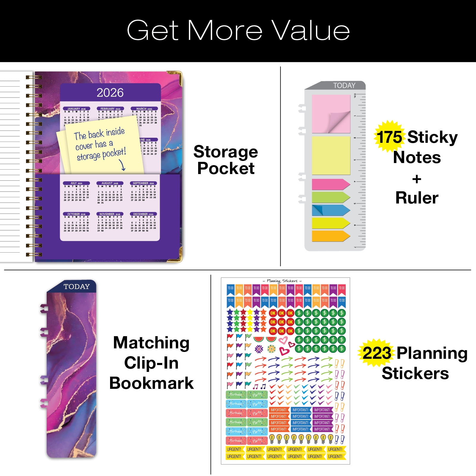 Academic Year 2025-2026 Planner, June 2025 - July 2026, 8.5"x11" Daily Weekly Monthly Planner Yearly Agenda, Hardcover, Bookmark, Pocket Folder and Sticky Note Set (Pink Purple Marble)