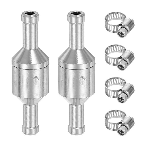 2 Pack 6mm (1/4") Fuel Check Valve, Non-Return One Way Hose Check Valve, Aluminum Alloy Control Accessories with Clamps for Petrol, Diesel, Gas, Oil, Air, Water, Silver