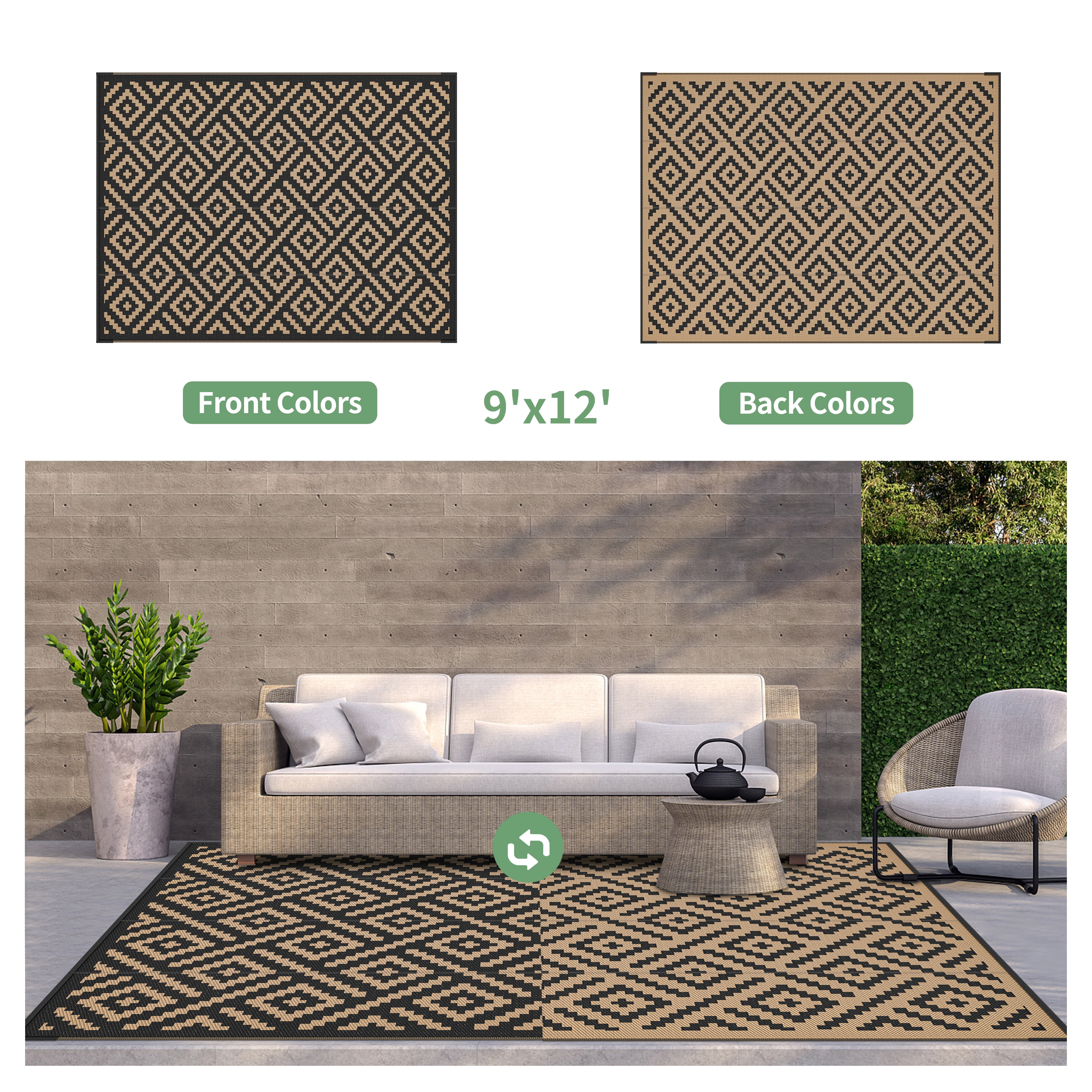 DEORAB Outdoor Rugs Waterproof Plastic Straw Mat 9'x12' Reversible for RV Patio Deck Beach Black & Brown