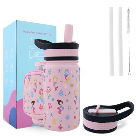 

LOCHAS Kids Vacuum Stainless Steel Water Bottle for Toddlers Girls Boys Outdoor Cup with Straw 2 Lids Insulated Water Bottle with Holder Pouch Carrier Bag 14oz Mermaid Print