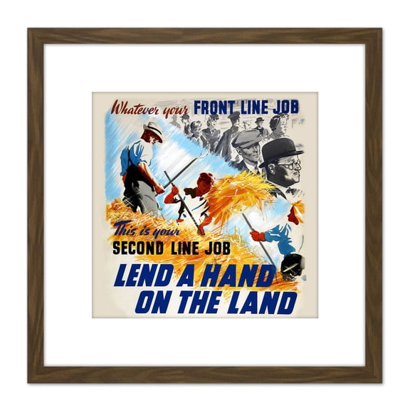 Showell War WWII UK Lend Hand Job Harvest Advert 8X8 Inch Square Wooden Framed Wall Art Print Picture with Mount