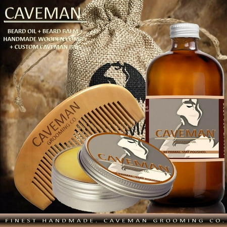 Hand Crafted Caveman Beard Oil Conditioner + Beard Balm + Custom Wood Comb + Custom Cave Bag, Scent: Straight (Best Shaving Soap For Straight Razor)