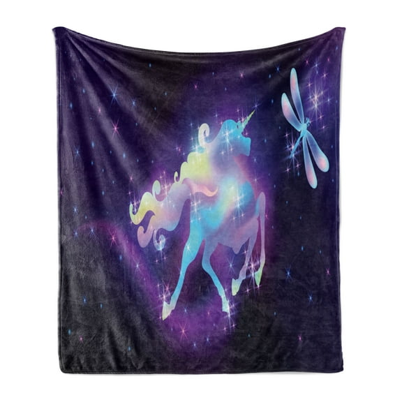 Space Unicorn Soft Flannel Fleece Blanket, Flying Magic Fantasy Horse and Dragonflies on Universe Backdrop Stars, Cozy Plush for Indoor and Outdoor Use, 50" x 70", Indigo Multicolor, by Ambesonne
