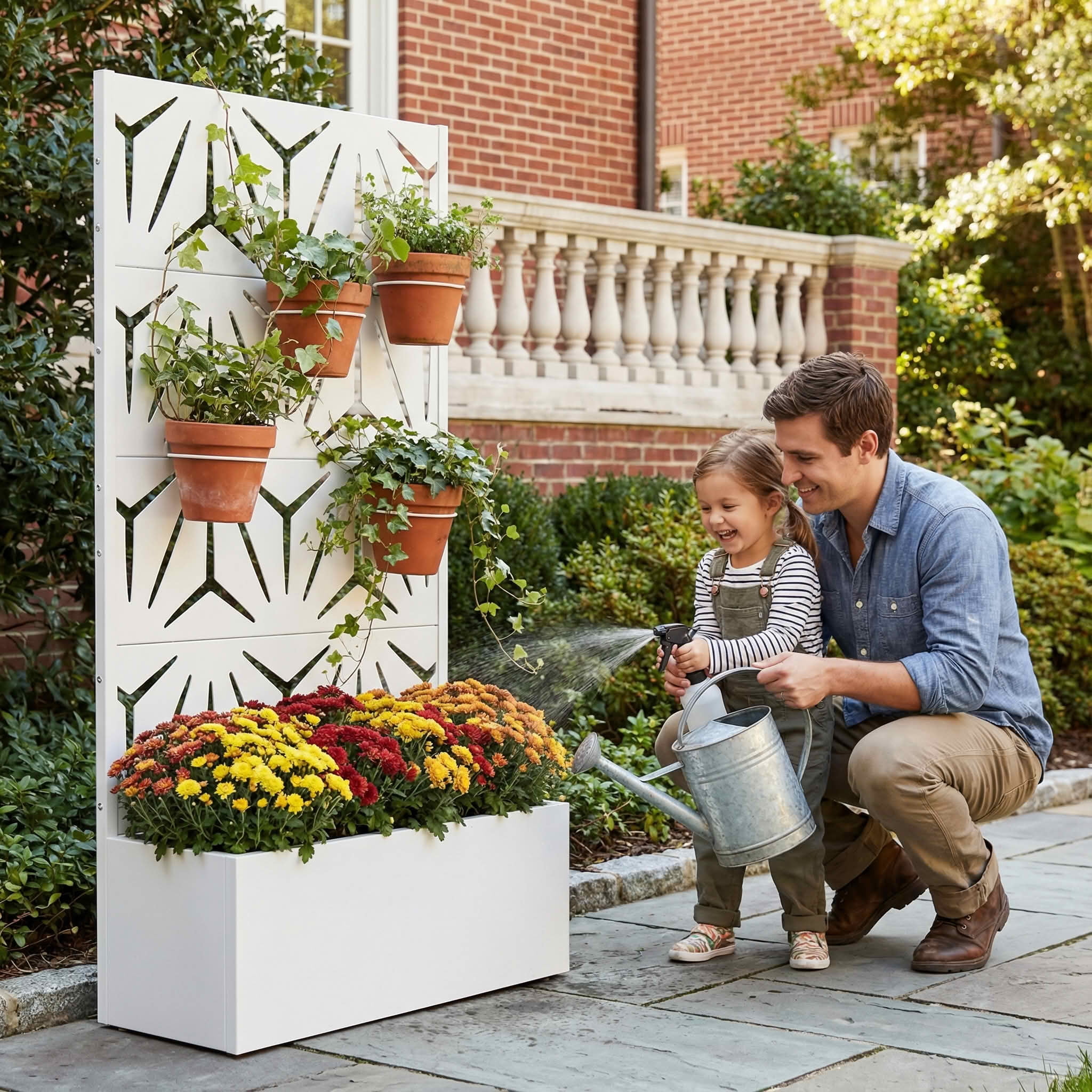 MAYEERTY 59X30" Metal Outdoor White Privacy Screen with Planter Box for Backyard & Garden, 4 Piece Set
