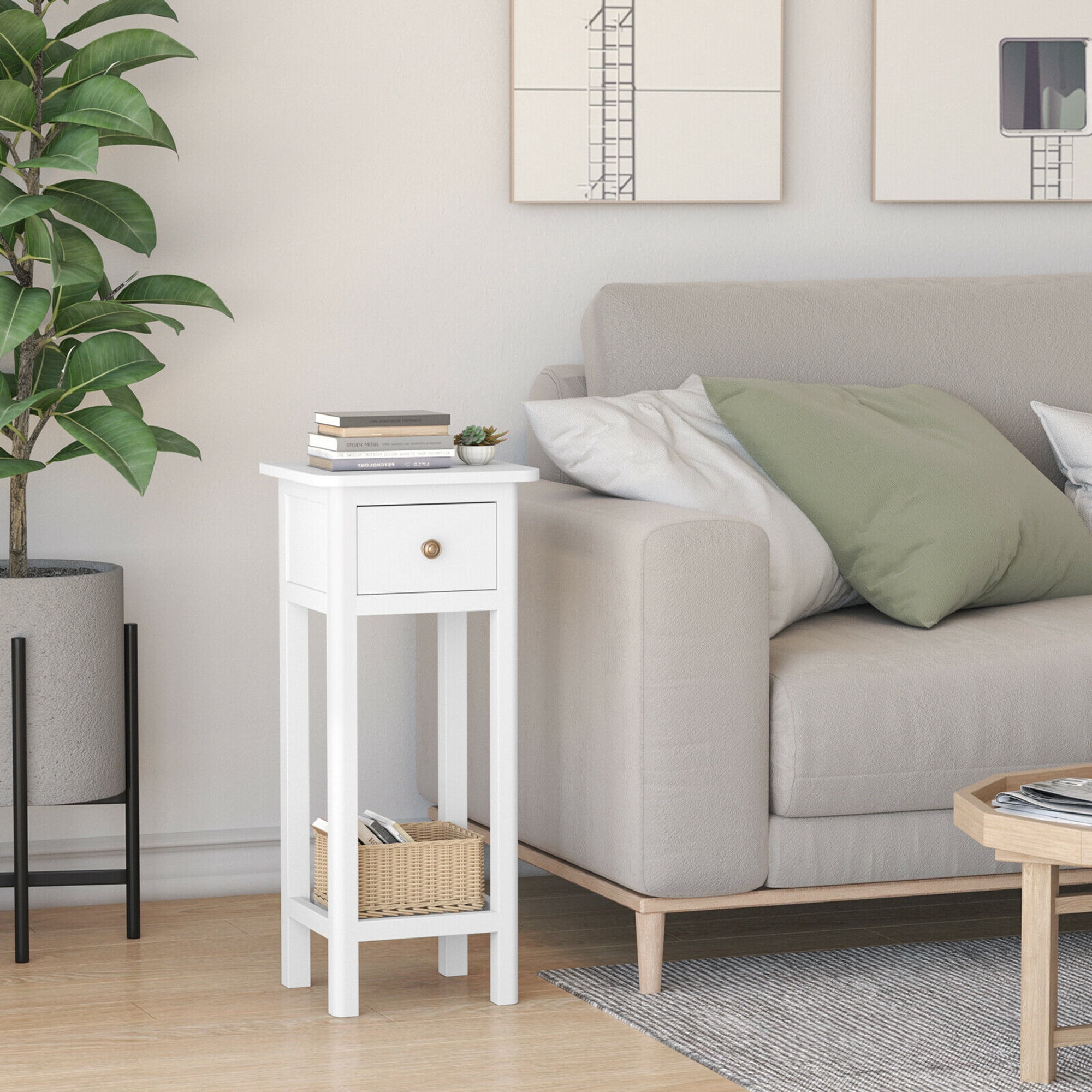 Gymax 2 Tier End Table with Drawer, White