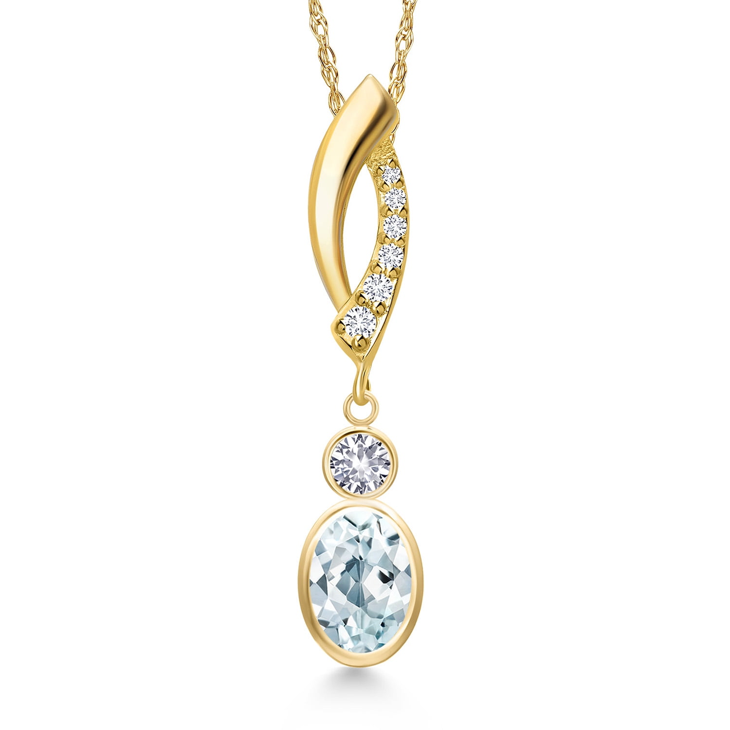 14K Yellow Gold Sky Blue Aquamarine and White Created Sapphire and Lab Grown Diamond Pendant Necklace for Women | 0.94 Cttw | Gemstone March Birthstone | Oval 7X5MM | With 18 inch Chain