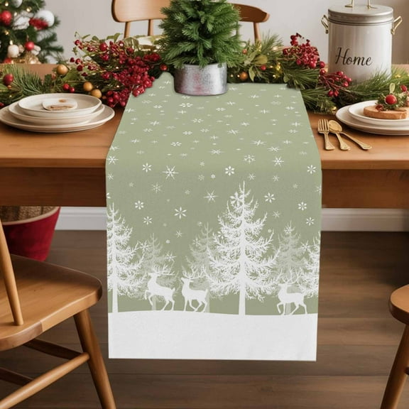 Christmas Tree Snowflake Elk Table Runner 13x60in Non-Slip Cotton Linen Table Runners, Winter Pine Trees Sage Green Dresser Scarves TableRunner for Dinner Kitchen Dining Wedding Party