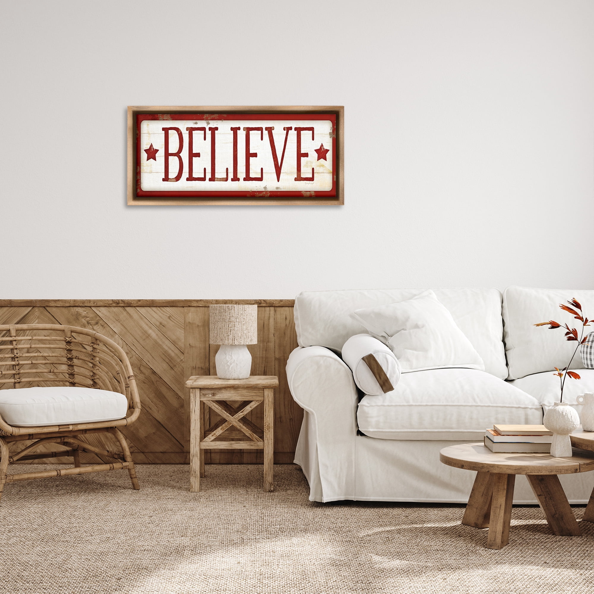 Stupell Industries Believe Red Christmas Phrase Holiday Painting Brown Floater Framed Canvas Art Print Wall Art, 31 x 14