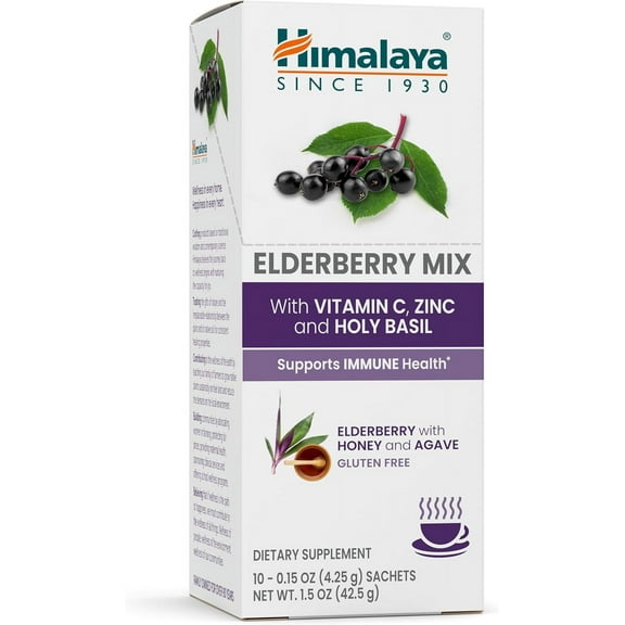 Himalaya Elderberry Mix, Drink Mix Supplement, Immune Support with Elderberry, Zinc, Vitamin C and Holy Basil, Caffeine Free, 10-0.15 oz (4.3 g) Packets, Easy to Mix, Gluten Free