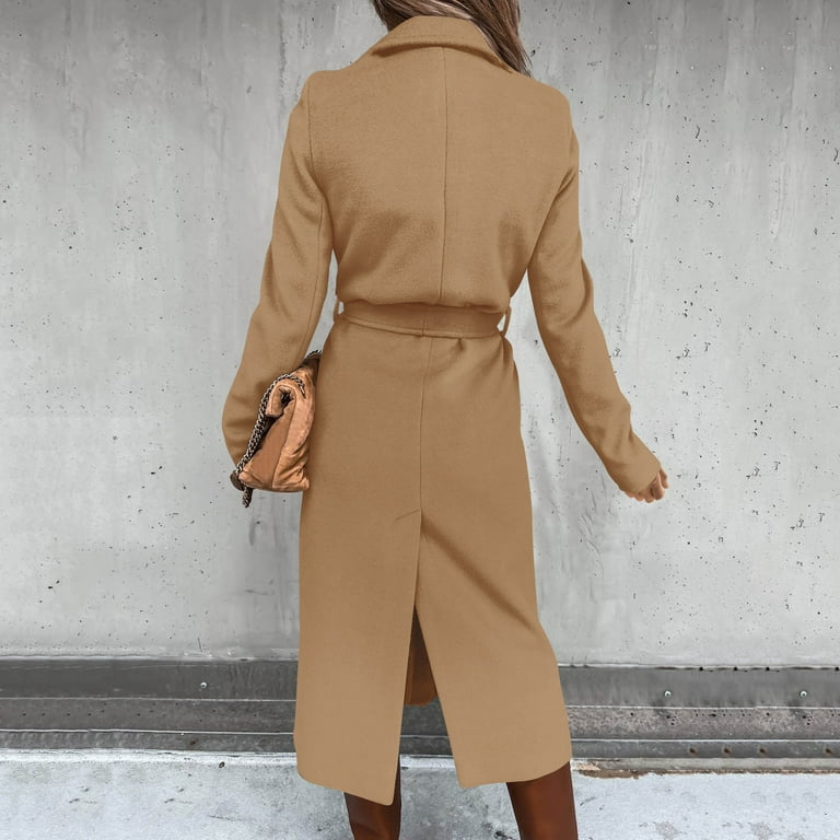 Women s Elegant Wool Blend Trench Coat with Belt 2023 Winter Notch Collar Open Front Long Jacket Ladies Fashion Pea Coats Walmart