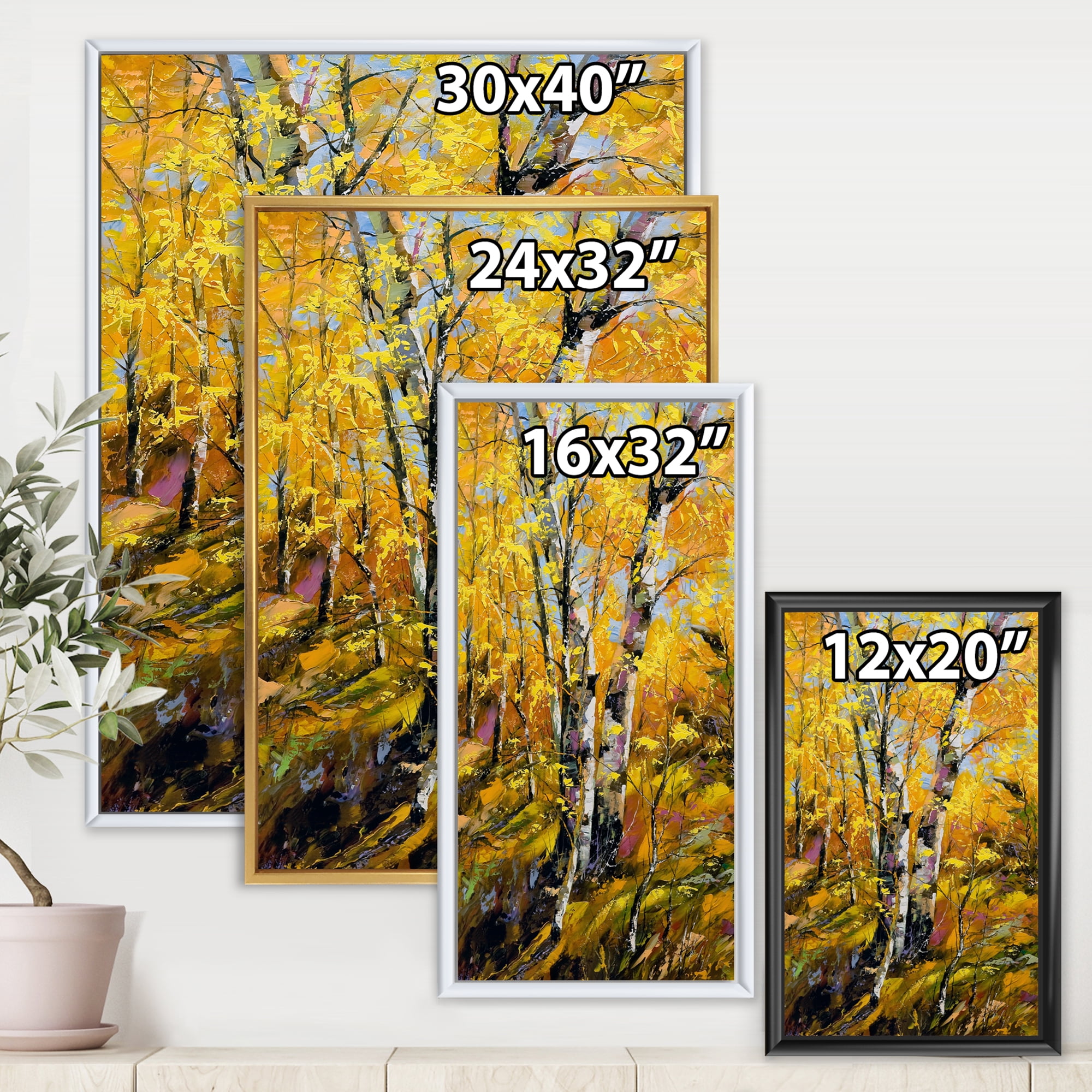 Birches In Yellow Autumn Wood Forest 30 in x 40 in Framed Painting Canvas Art Print, by Designart