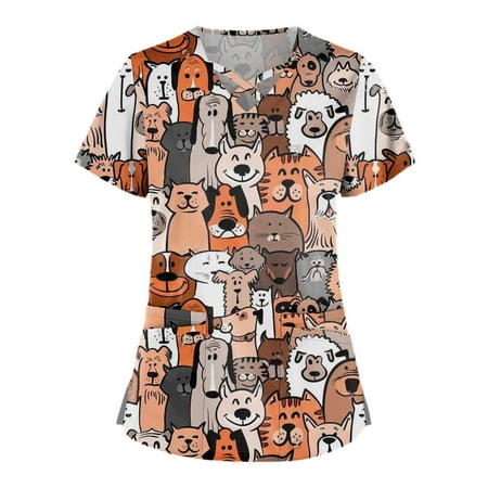 

TKing Fashion Independence Day Women Plus Size Scrubs Top V-Neck Short Sleeve Printed Pockets Work Blouse for Women Black 4XL