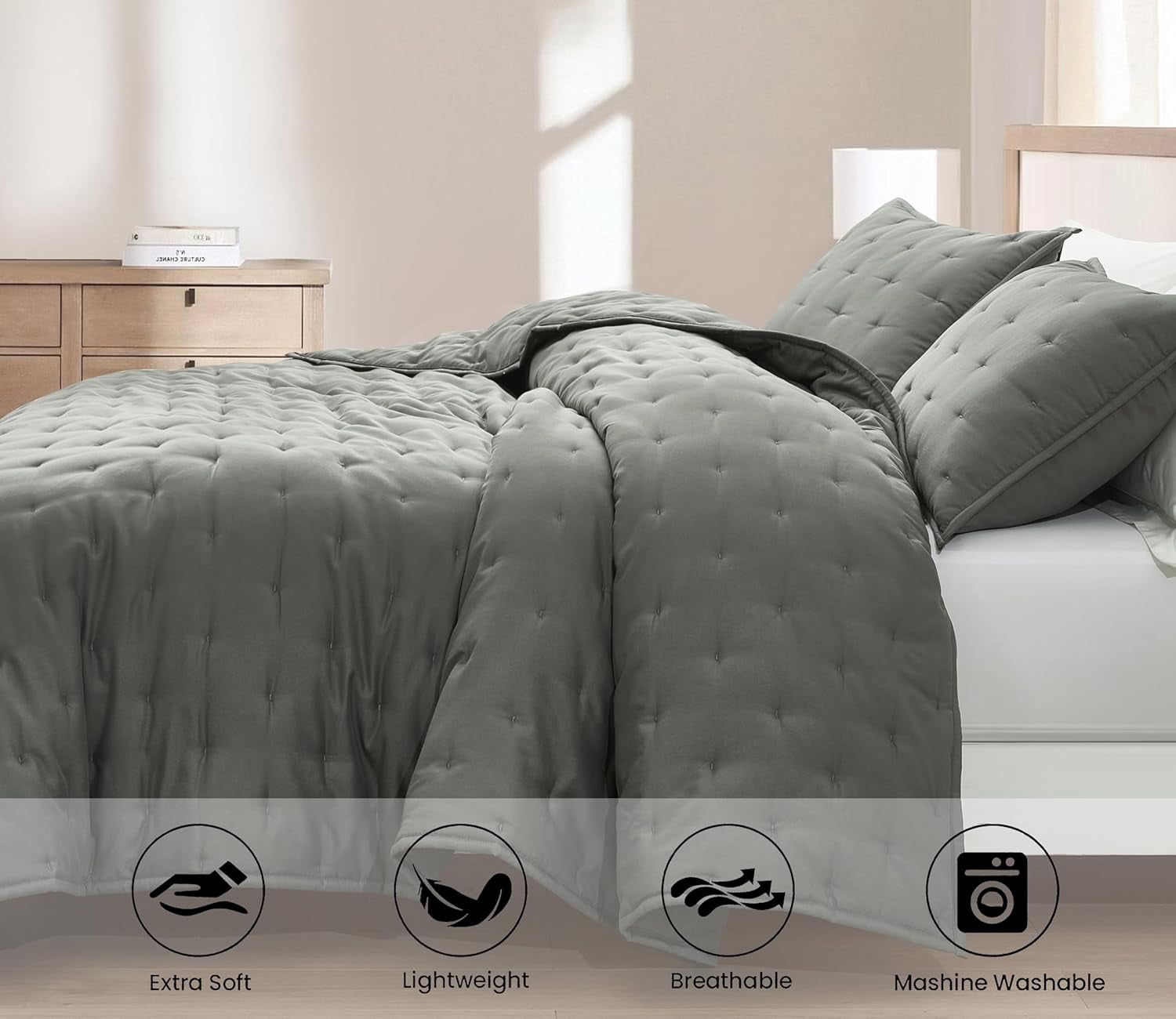 Chezmoi Collection Glen 3-Piece Crescent Stitched Quilt Set, Queen Size, Dark Gray, Rayon Derived from Bamboo & Polyester Blended, Soft Breathable Cooling Bedspread for Hot Sleepers