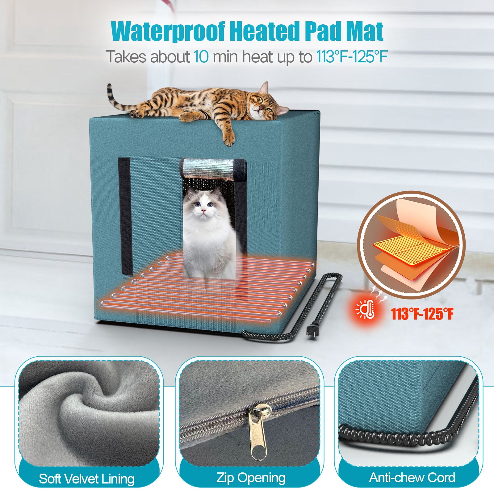 Xecessory Large Heated Cat House for Outdoor Cats in Winter, Waterproof Insulated Outdoor Cat House, Feral Cat Shelter with Heating Pad for Small Animals (Gray)