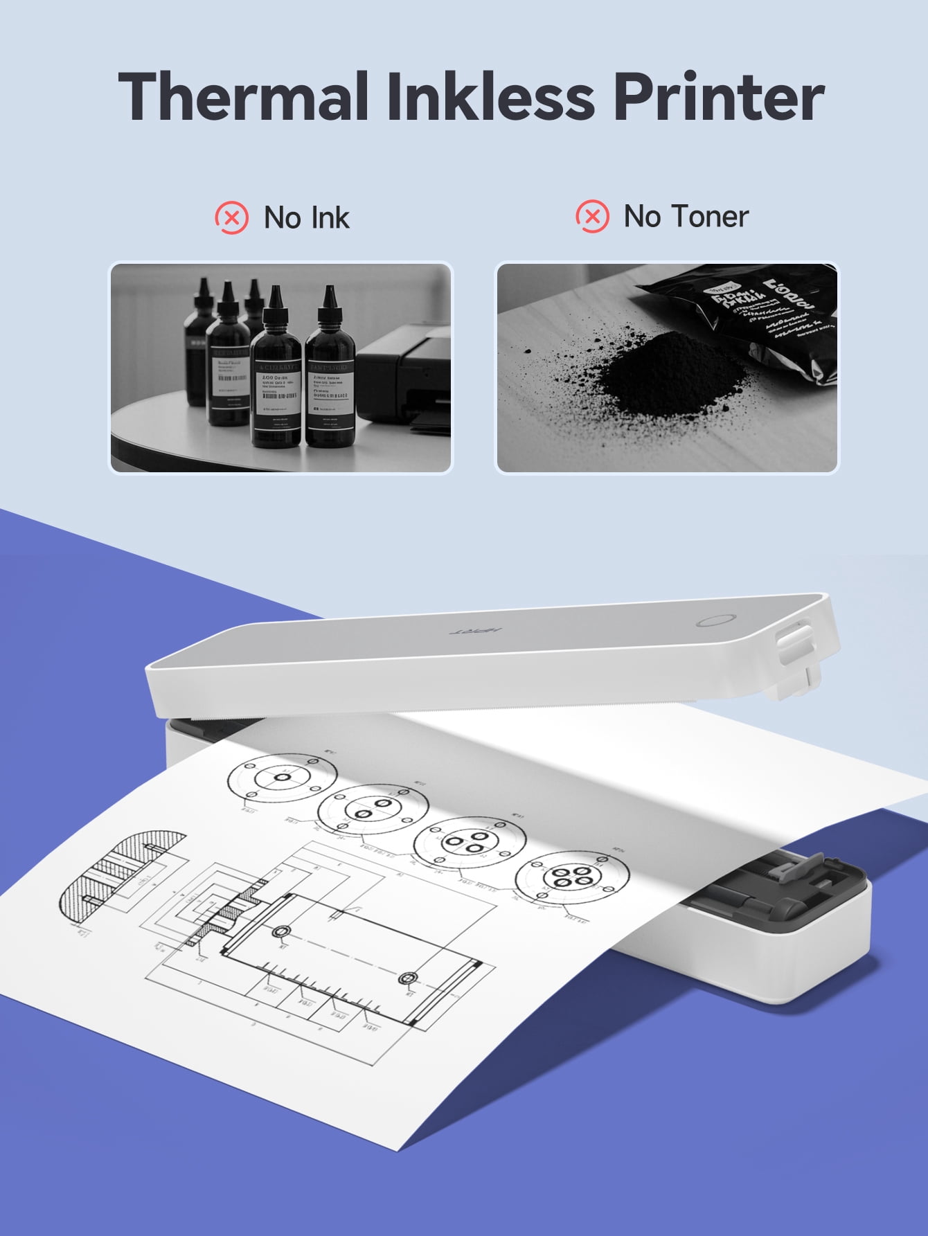 HPRT 610Pro Portable Thermal Printer - 300DPI Wireless Bluetooth Inkless Printer for Travel, Office, and Home, Supports US Letter & A4