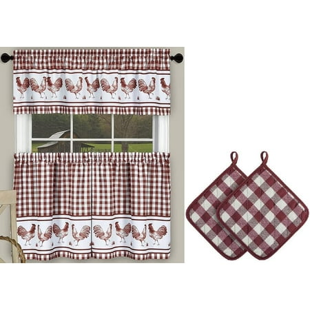 

Barnyard Kitchen Curtain Tier and Valance Set and 2 Pot Holders 36 Long Set Burgundy