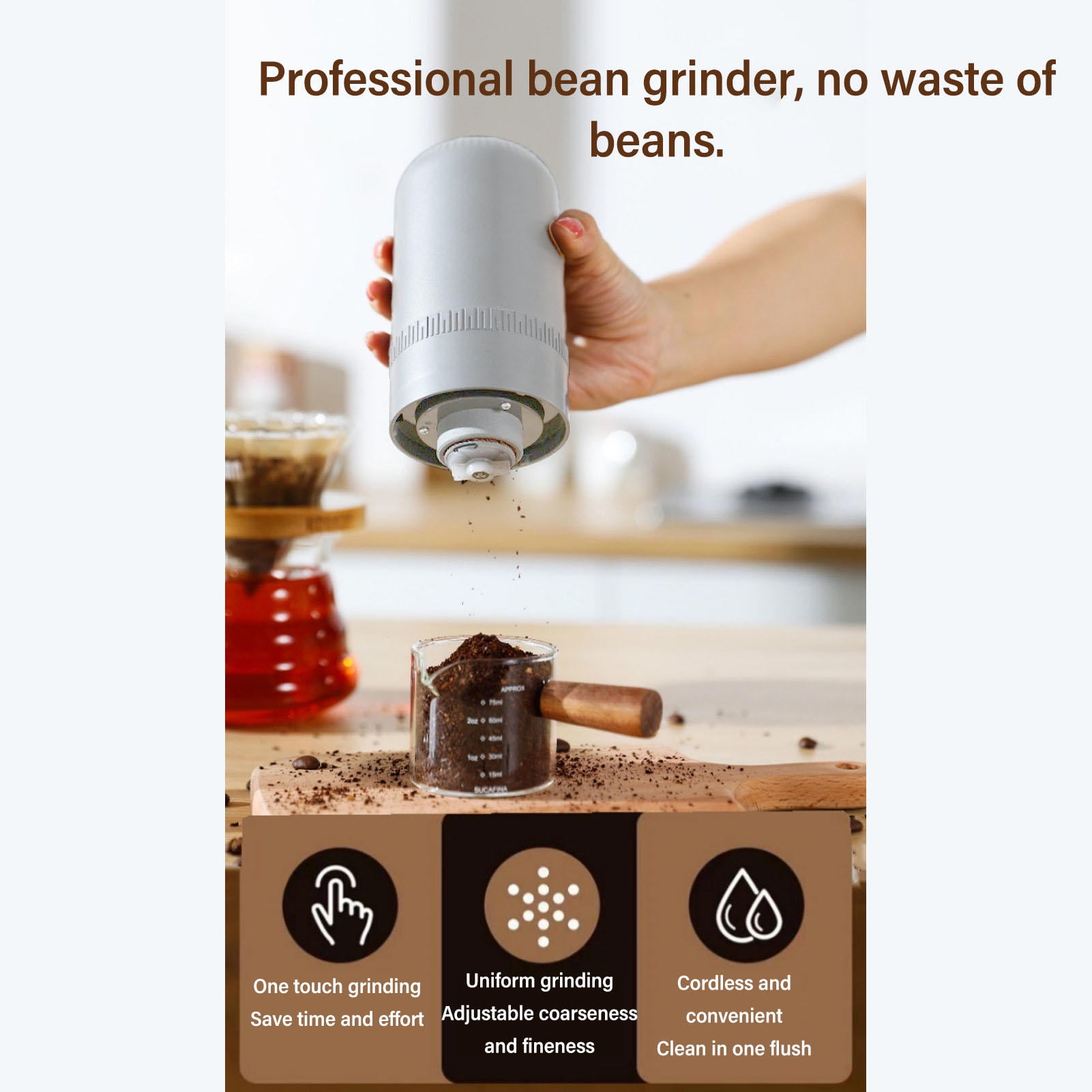 Suodoka USB‑Powered Cordless Electric Coffee Bean Grinder – Adjustable Coarseness, Multifunctional for Coffee & Nuts, White