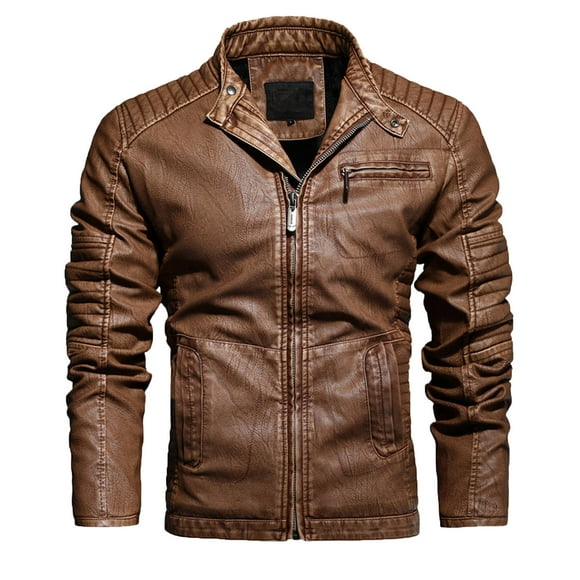 Men's Coats And Jackets Hooded Men Casual Trendy Motorcycle Plus Velvet Leather Winter Zipper Stand-Up Collar Jacket Coats Brown M JE