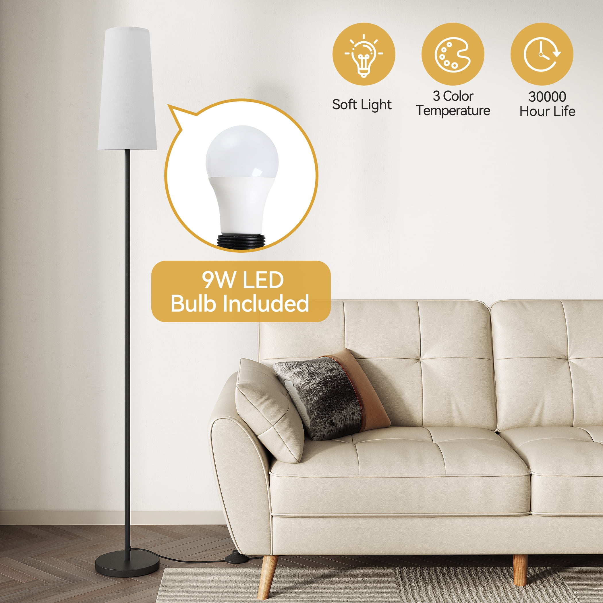 Sunmory Floor Lamp, Floor Lamps for Living Room/Bedroom/Office, Standing Lamp with LED Bulb, 3 Color Temperature Tall Lamp, Suitable for Modern/Boho/Farmhouse and Other Home Decor Styles