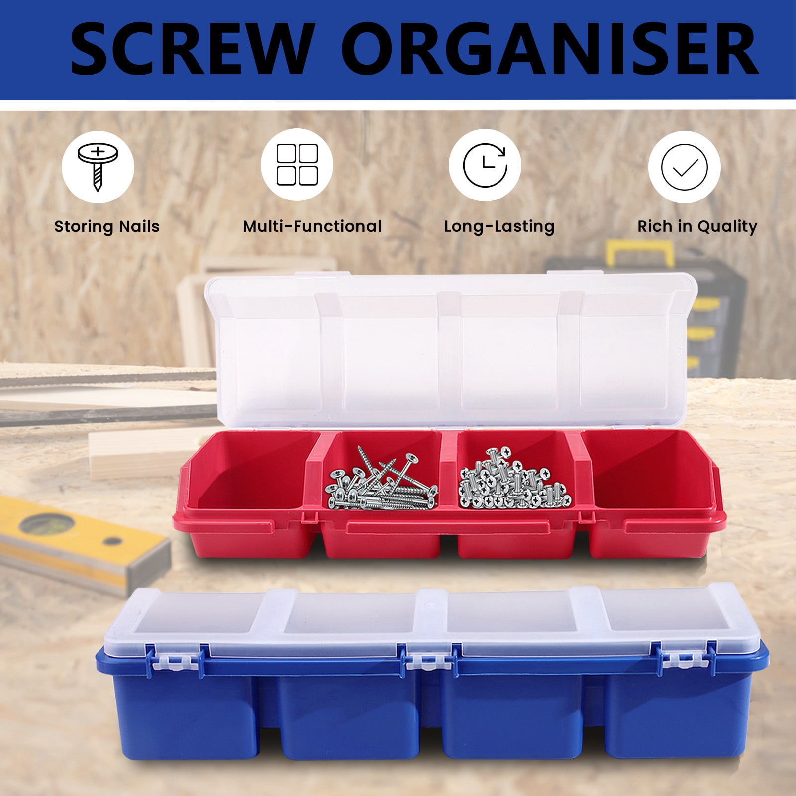 4 Pack Plastic Screw Organizer Box, 4 Compartments Bolt Bin with Lid, Stackable Hardware Storage Case for Garage Organization Parts Nail Workbench (Blue, Red)