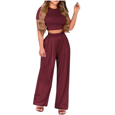 Mikilon Ensemble Élégant pour Femmes 2 Pcs Été Impression Costume Deux Pièces (Manches Courtes + Pantalon) Mode Été Imprimé Floral Décontracté Manches Courtes + Pantalon Bordeaux 2TG