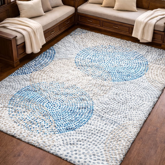 Addison Rugs Dream Shag Premium Machine Washable Transitional Circles Ivory Rectangle Rug, 10' x 14'