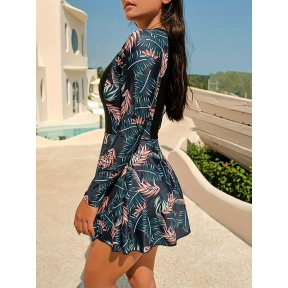 Women's New One-Piece Swimsuit Long Sleeve Patchwork Skirt Swimsuit Sports Surfing Suit Swimsuit Women