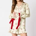 thumbnail image 2 of Lovskoo Cute Pajamas for Women 2 Piece Satin Bow Pajama Set Y2K Clothes Tie Cuff Long Sleeve Santa Print Button Shirt Ruffle Shorts D-Yellow, 2 of 8