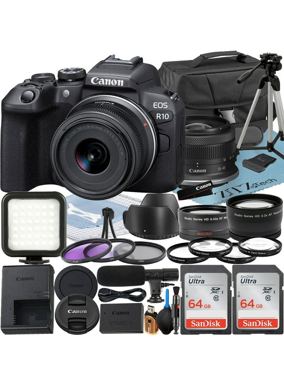 Canon EOS R10 Mirrorless Camera with RF-S 18-45mm Lens + 2 Pack SanDisk 64GB Memory Card + Case + ZeeTech Accessory
