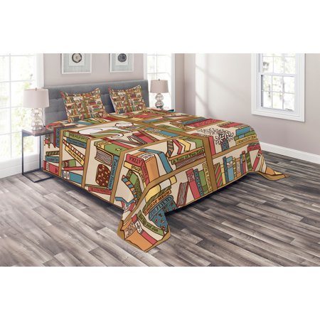 Cat Coverlet Set Nerd Book Lover Kitty Sleeping Over Bookshelf In