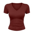 thumbnail image 3 of YODETEY Women’s V-Neck Side Ruched Short Sleeve Crop T-Shirt, Everyday Casual Stretch Slim V Neck Tee, Women's Plus,Size S-5XL, 3 of 6