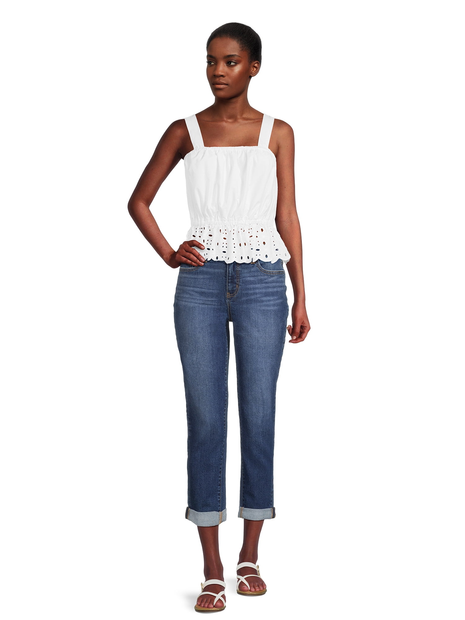 Time and Tru Women's High Rise Boyfriend Cuffed Crop Jeans, 26" Inseam , Sizes 2-20