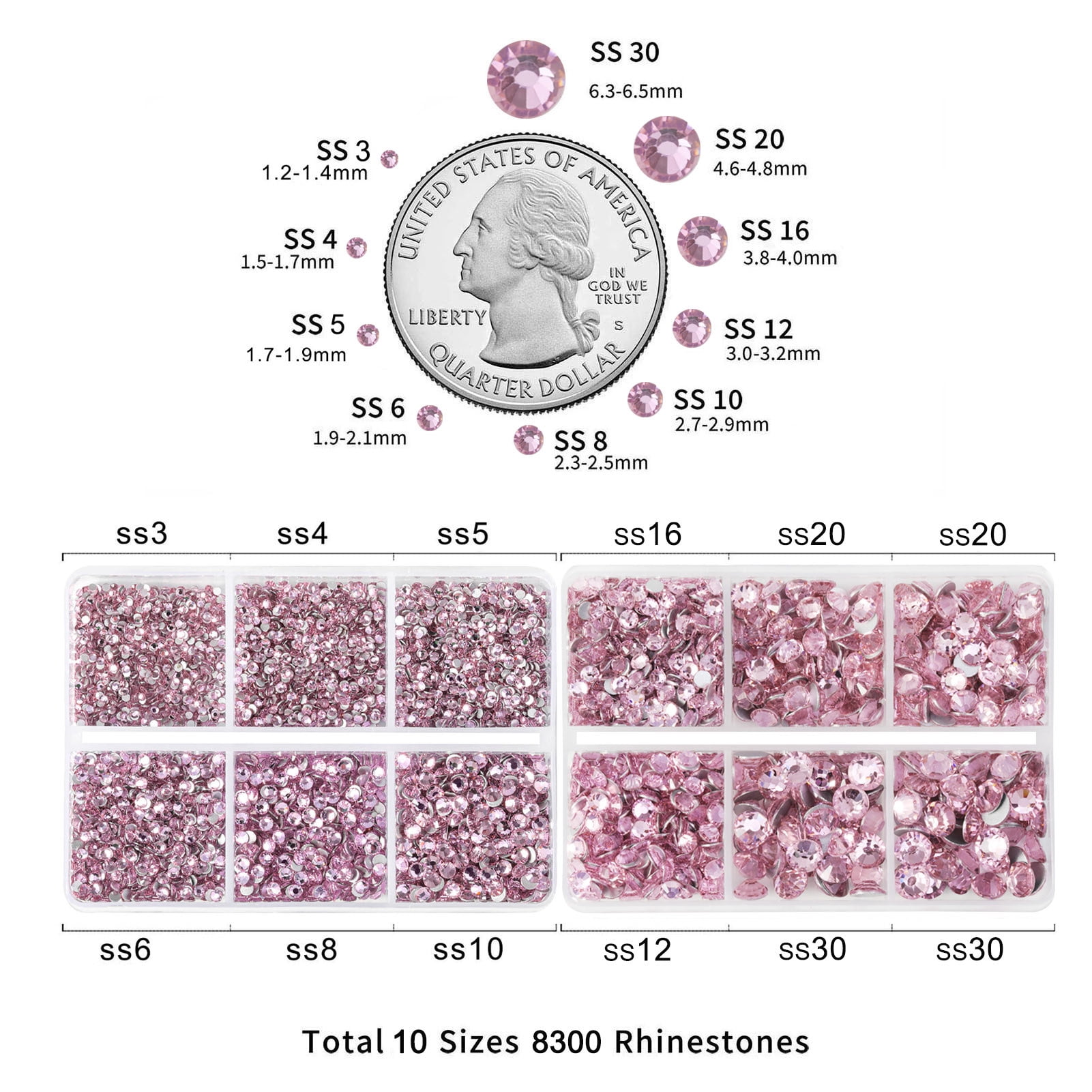 Beadsland 8300PCS Flatback Rhinestones 10 Sizes with Wax Pencil and Tweezer Kit, SS3-SS30, Light Rose/Light Pink