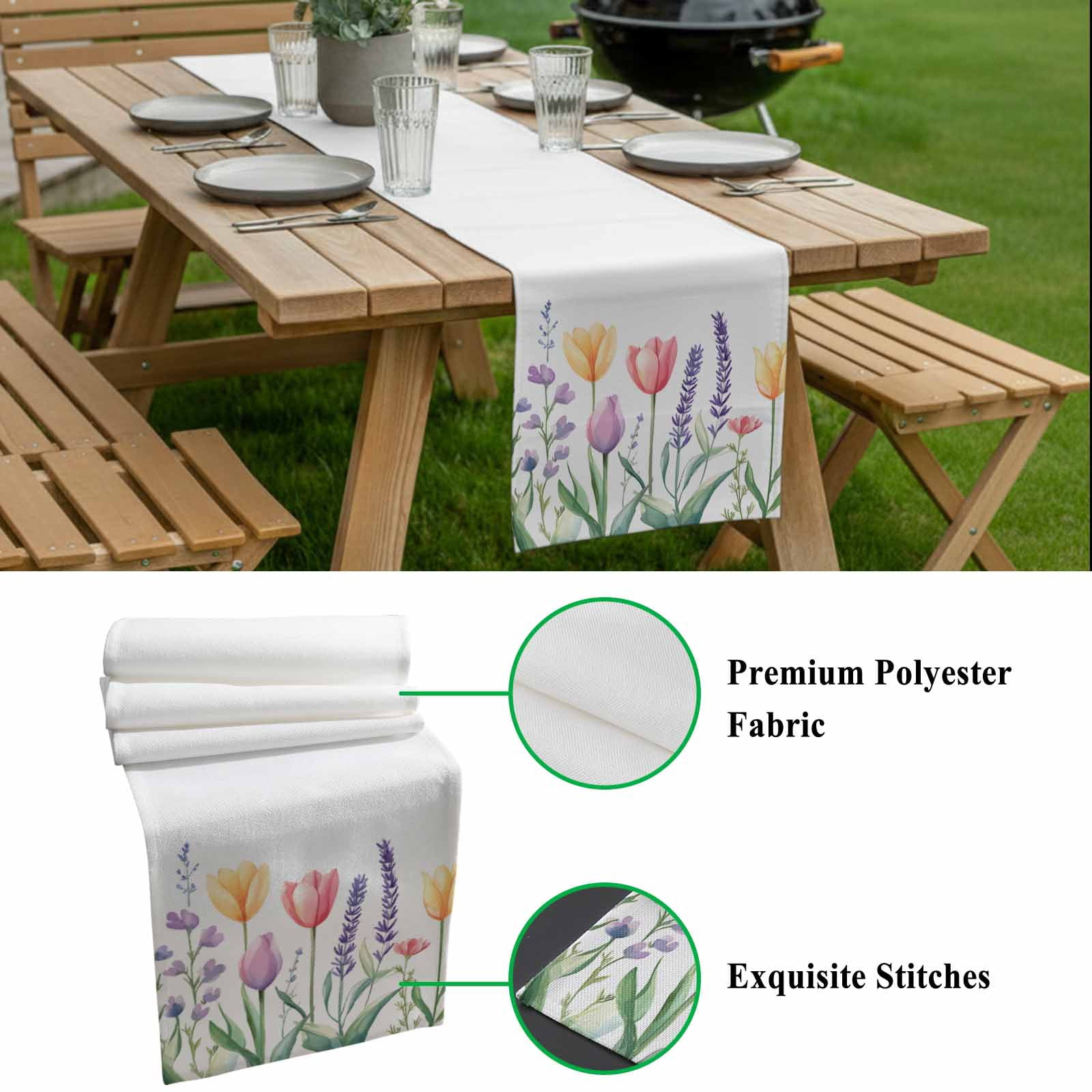 Spring Flower Cotton Linen Table Runner Watercolor Tulip Floral Leaf Botanical Dining Table Runners for Home Decor Party Dining Room Restaurant Kitchen 13" x 90"