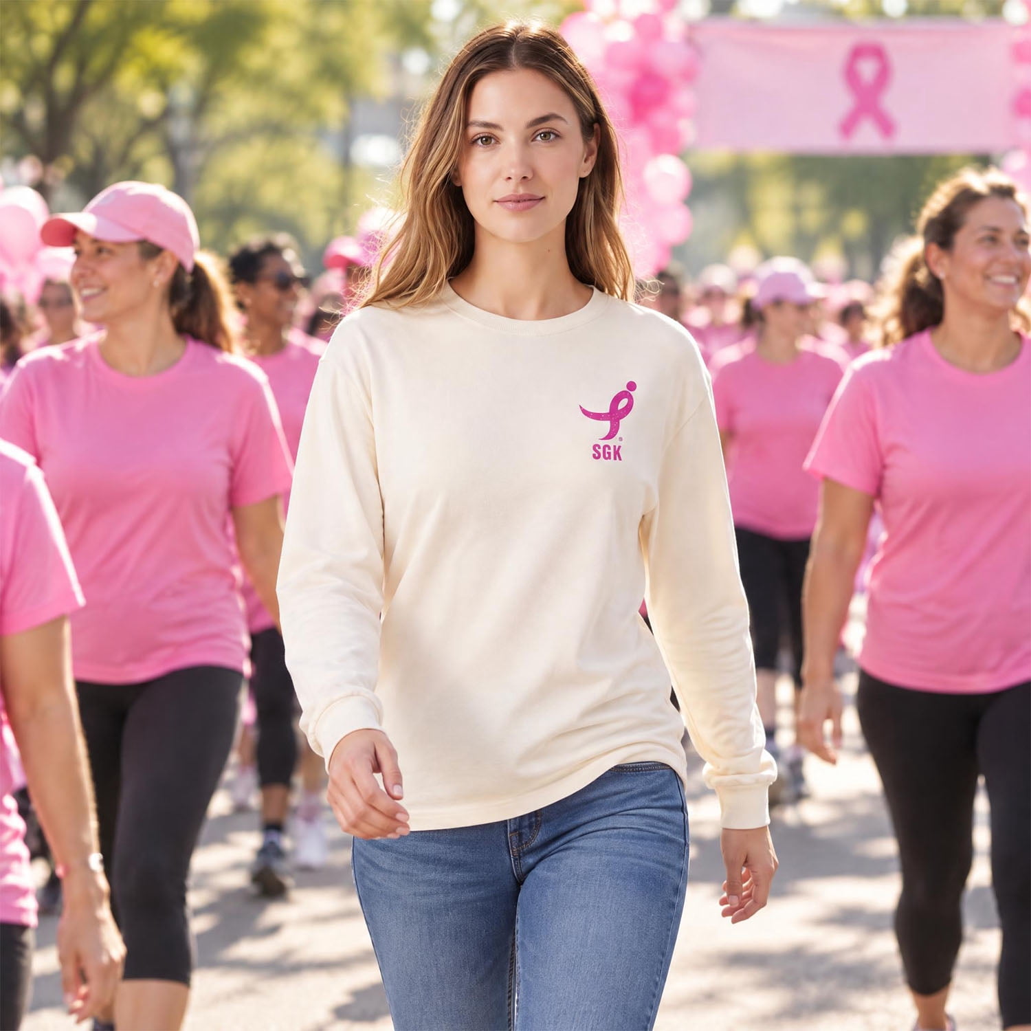 SUSAN G KOMEN MEN'S FIGHT FOR THE CURE MENS SGK LONG SLV TEE, BREAST CANCER AWARENESS SHIRT, SIZES XS-3XL