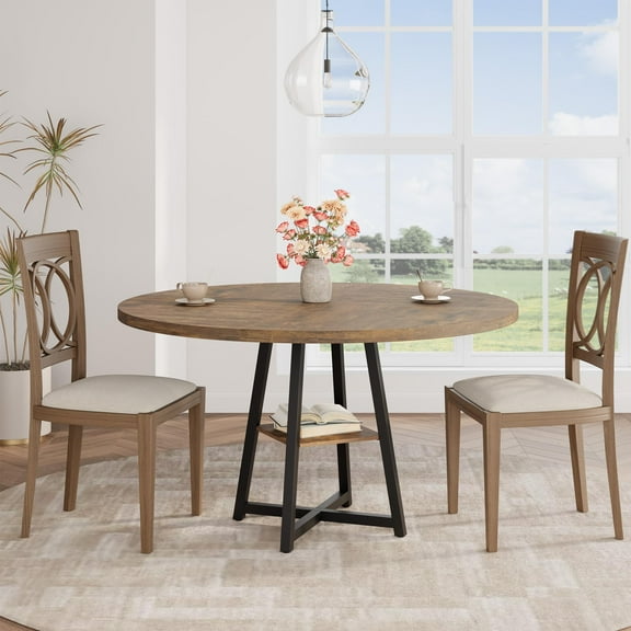 47" Round Dining Table for 4-6 – Industrial Kitchen Table with Metal Pedestal Base and Space-Saving Storage for Dining Room