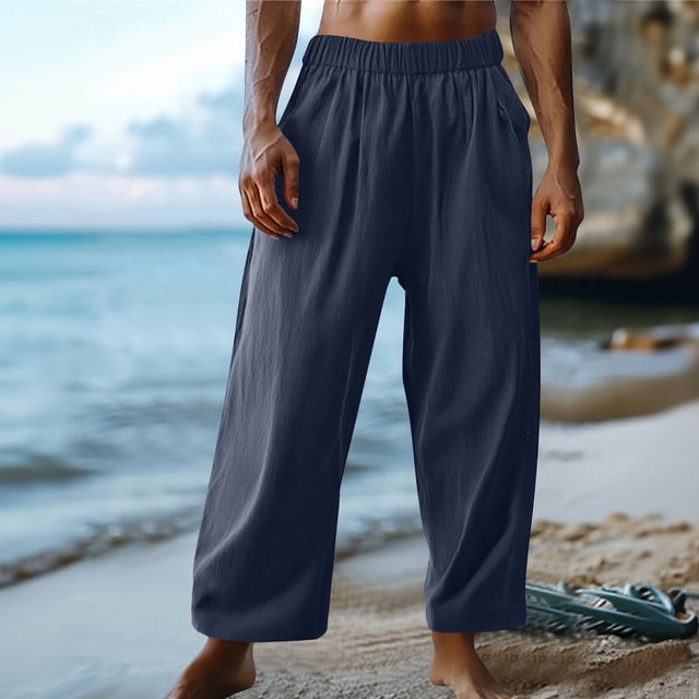 Pantalones largos para hombre, informales, de vacaciones, con bolsillo, cordón, color liso, cintura elástica