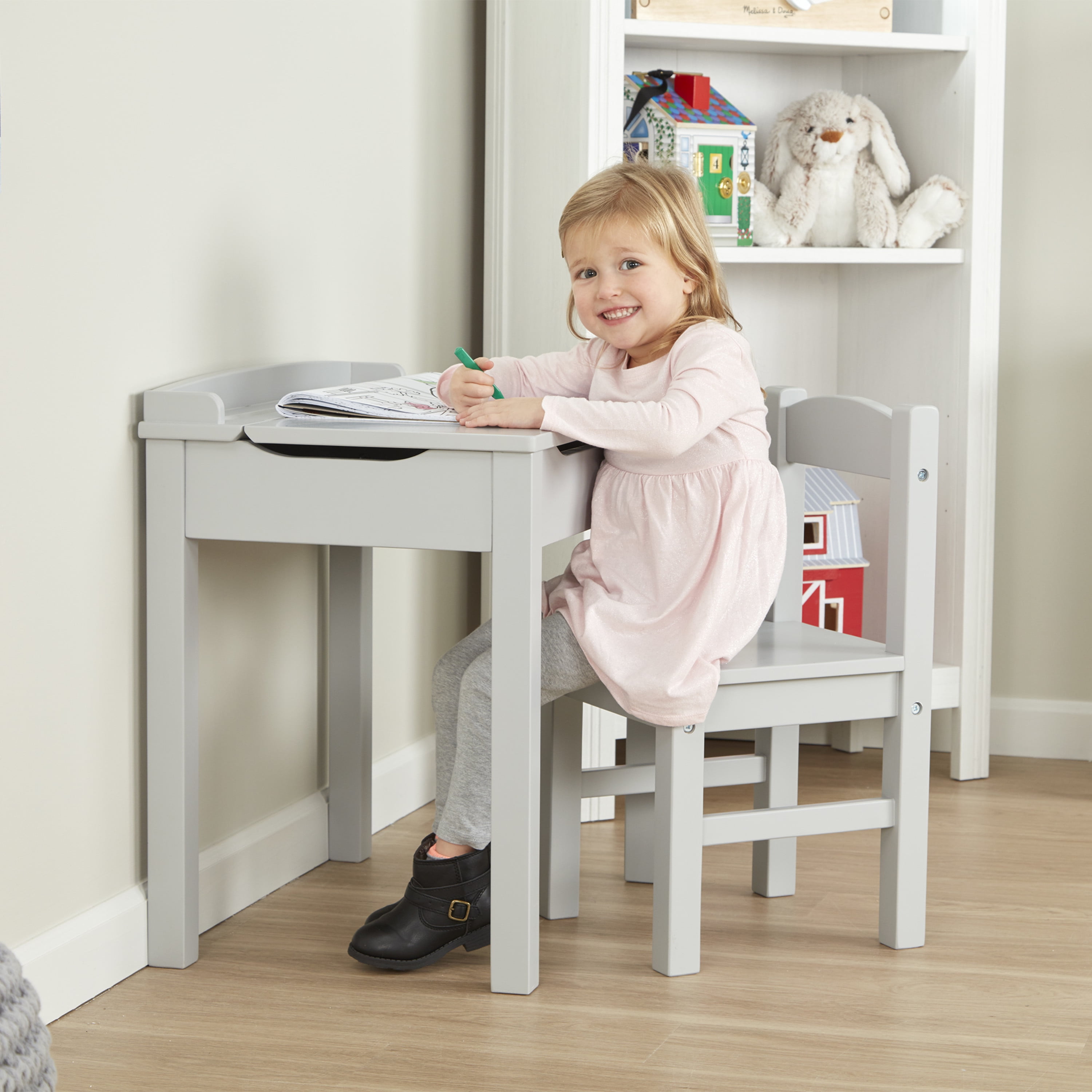 Melissa & Doug Kids Furniture Wooden Lift-Top Desk & Chair - Gray