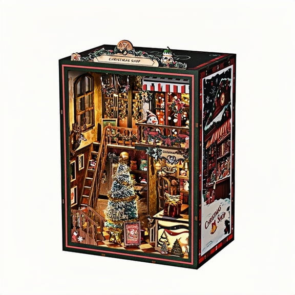 Ygakrkreit 3D Wooden Christmas Shop Book Nook, Lighted Mini Winter Store Miniature Scene Table Shelf Decor Gift