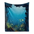 thumbnail image 1 of Ocean Soft Flannel Fleece Blanket, Topical Underwater Cave Fishes Swimming Marine Coral Reefs Exotic Aquatic Beauty Image, Cozy Plush for Indoor and Outdoor Use, 50" x 70", Dark Blue, by Ambesonne, 1 of 6