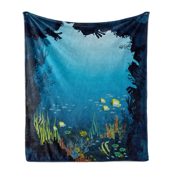 Ocean Soft Flannel Fleece Blanket, Topical Underwater Cave Fishes Swimming Marine Coral Reefs Exotic Aquatic Beauty Image, Cozy Plush for Indoor and Outdoor Use, 70" x 90", Dark Blue, by Ambesonne